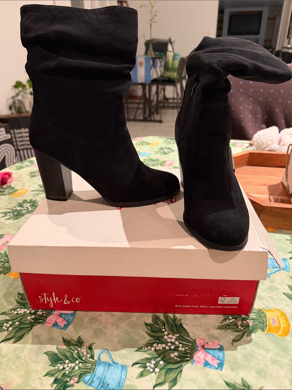 Style & Co. Black Suede Mid-Calf Slouch Block Heel Boots